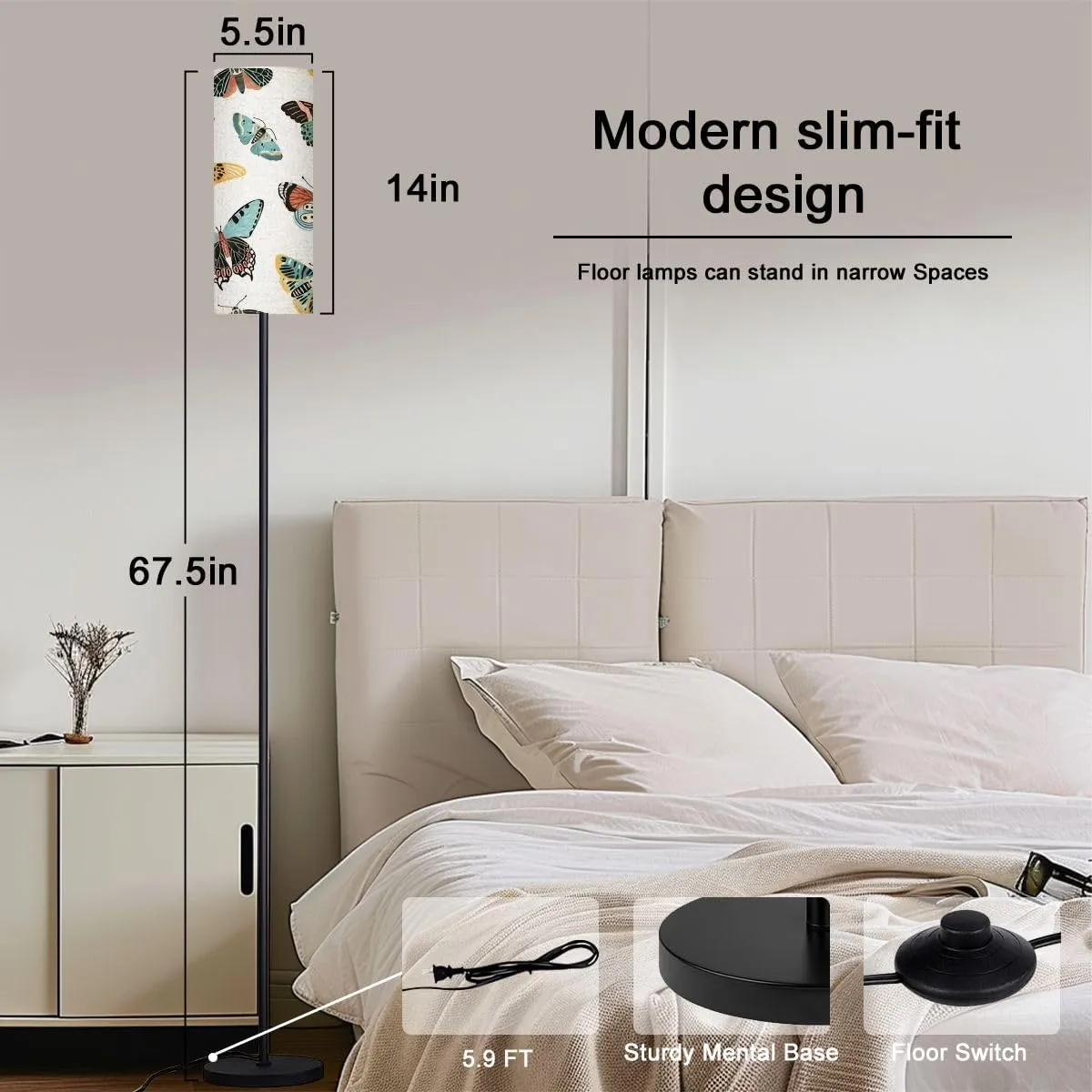 Floor Lamp for Living Room Tropical butterflies moths wings seamless pattern Exotic insects flat Light Stand Lamp with Remote Control Dimmable LED Tall Lamps for Bedrooms Reading Western Home Decor