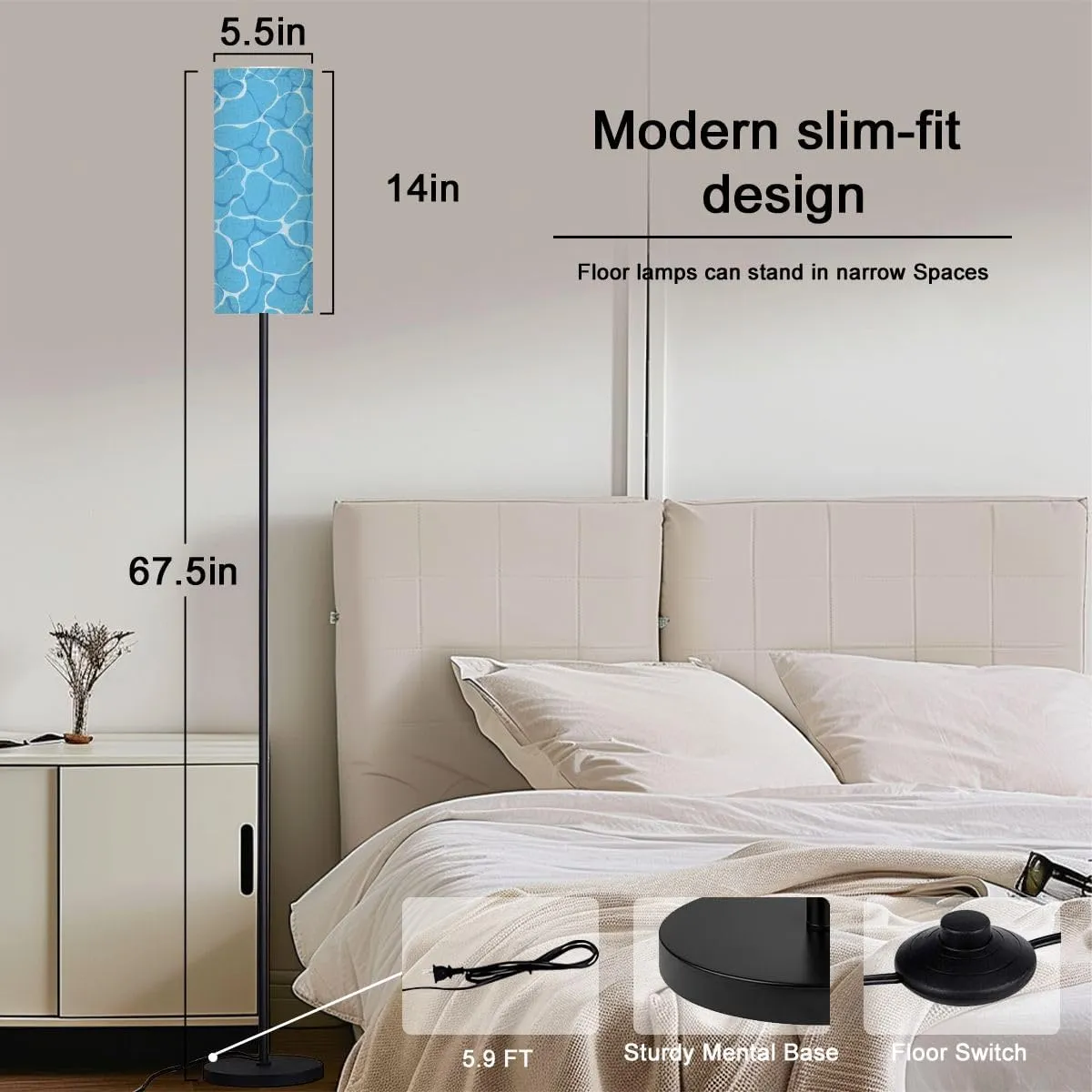 Floor Lamp for Living Room Turquoise rippled water texture Sea waves abstract Modern flat cartoon Light Stand Lamp with Remote Control Dimmable LED Tall Lamps for Bedrooms Reading Western Home Decor