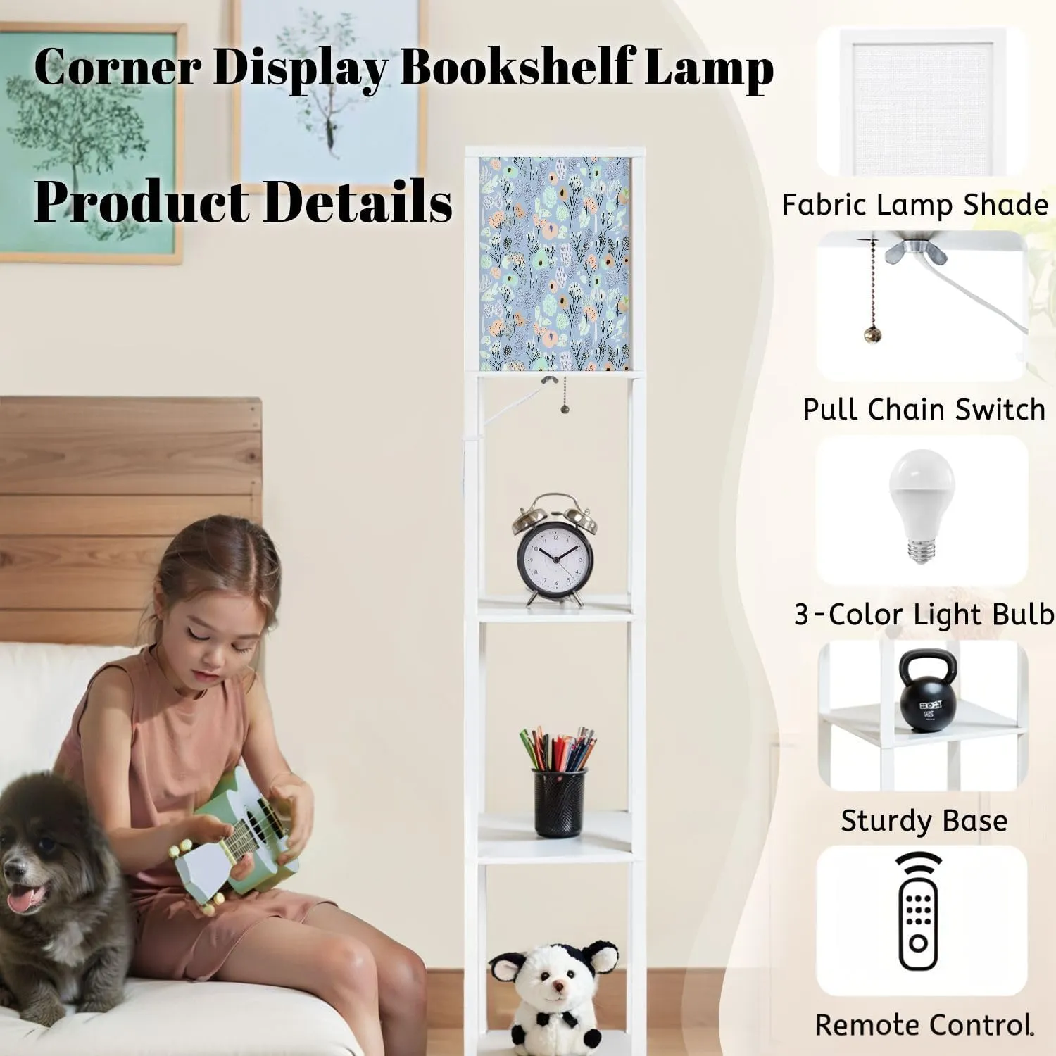 Floor Lamps with Shelves, Tiny flowers seamless patterns Hand drawn simple flat modern drawing Modern Standing Lamp Narrow Corner Display Bookshelf Lamp for Living Room, Bedroom, Office Decor