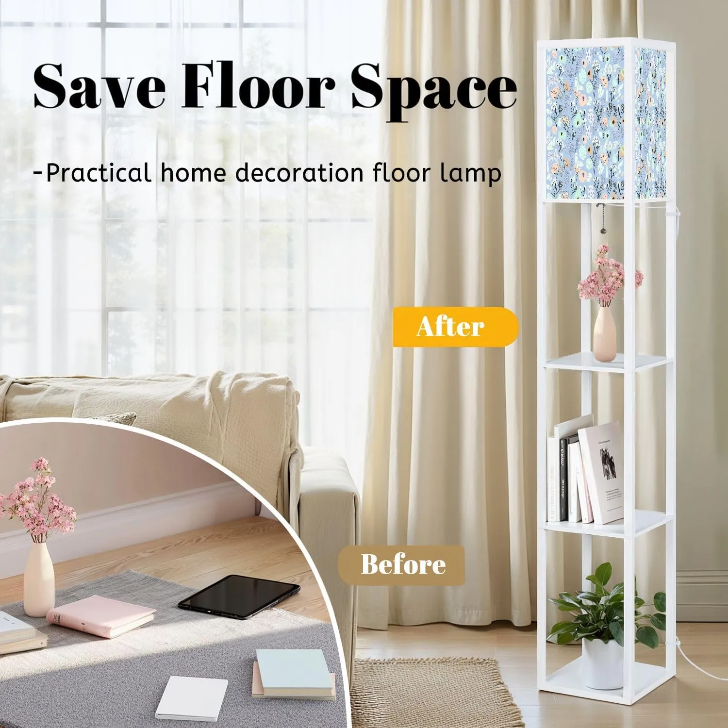 Floor Lamps with Shelves, Tiny flowers seamless patterns Hand drawn simple flat modern drawing Modern Standing Lamp Narrow Corner Display Bookshelf Lamp for Living Room, Bedroom, Office Decor