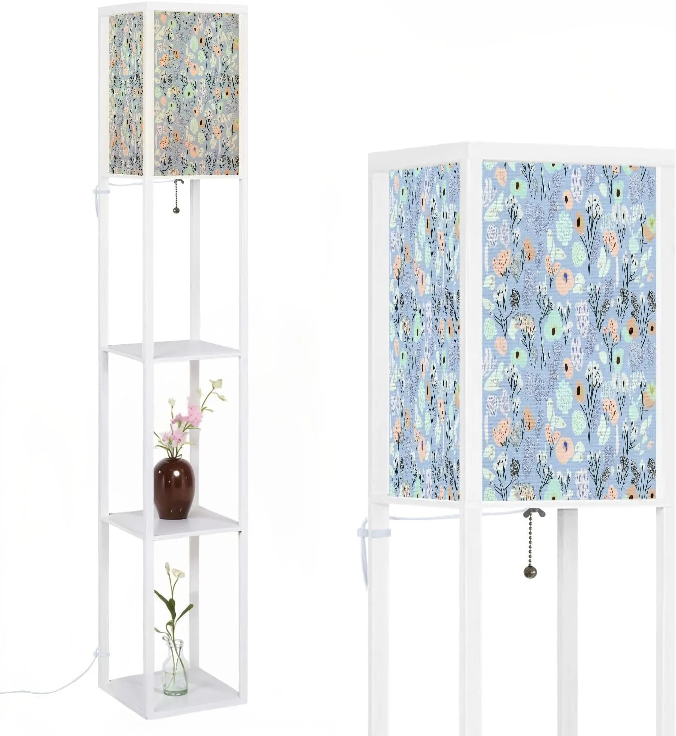 Floor Lamps with Shelves, Tiny flowers seamless patterns Hand drawn simple flat modern drawing Modern Standing Lamp Narrow Corner Display Bookshelf Lamp for Living Room, Bedroom, Office Decor