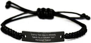 Funny Personal Trainer Rope Jewelry for Her Gifts - Sorry He's Taken Black Stainless Steel Interlaced Rope Adjustable Wristband for Christmas - Personal Trainer Motivation Gifts for Her