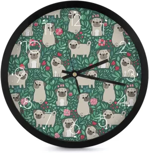Funny Pug Dogs Fashion Round Wall Clock Modern Battery Operated Clocks Silent Non-Ticking Home Decor 10x10in