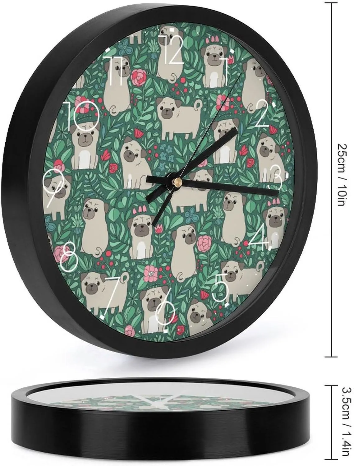 Funny Pug Dogs Fashion Round Wall Clock Modern Battery Operated Clocks Silent Non-Ticking Home Decor 10x10in