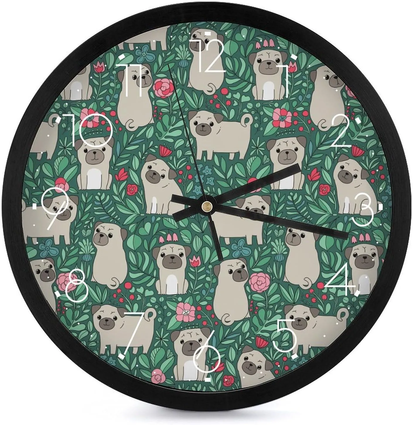 Funny Pug Dogs Fashion Round Wall Clock Modern Battery Operated Clocks Silent Non-Ticking Home Decor 10x10in