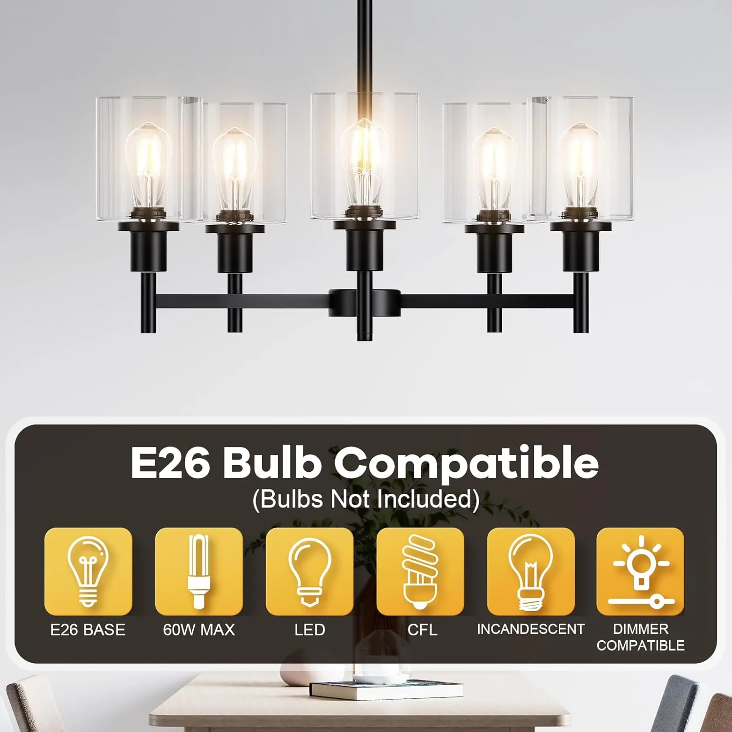 GAOMON Black Chandelier,5 Lights Modern Lighting Fixtures with Clear Glass Shade Flush Mount Ceiling Light for Dining Room,Bedroom,Kitchen,Foyer