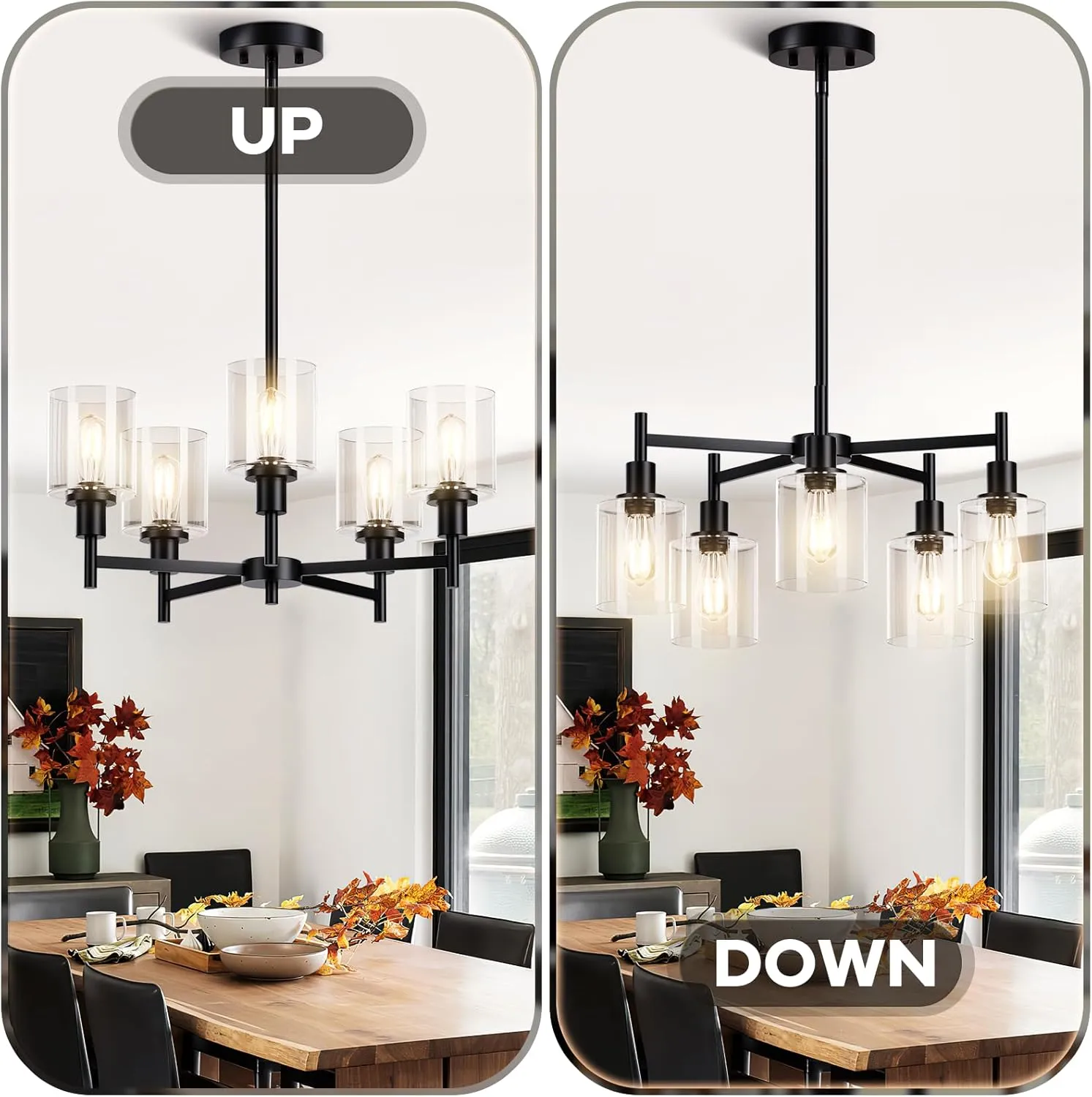 GAOMON Black Chandelier,5 Lights Modern Lighting Fixtures with Clear Glass Shade Flush Mount Ceiling Light for Dining Room,Bedroom,Kitchen,Foyer