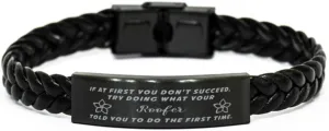 GIFTVILLE & SURPRISE Roofer Braided Leather Bracelet, If at first you don't succeed, try doing what your athletic trainer told you to do the first time., Laser Engraved, Stainless Steel Wristband