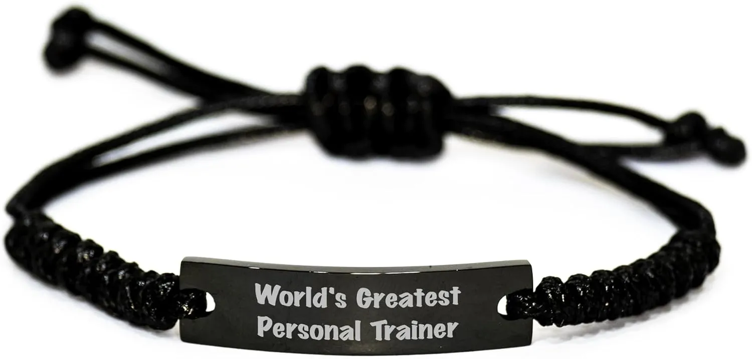 GIFTVILLE & SURPRISE World's Greatest Personal Trainer Gift Rope Bracelet for Mother's Day, Adjustable Black Stainless Steel with Interlaced Rope