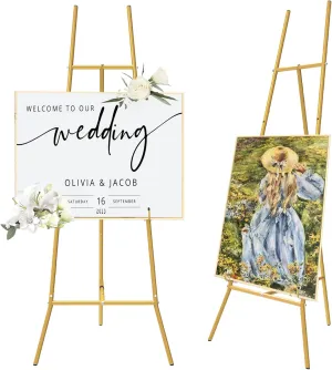 Gold Easel Stand for Sign - Heavy Duty Metal Freestanding Adjustable Display Stand (3-Tier), Large Professional Easel for Paintings, Artwork & Commercial Displays, Durable Exhibition Easel