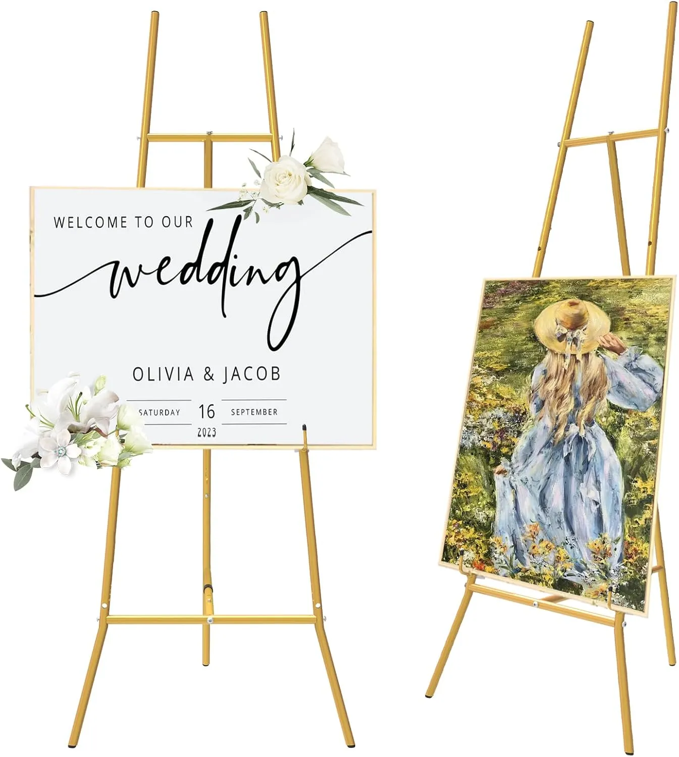 Gold Easel Stand for Sign - Heavy Duty Metal Freestanding Adjustable Display Stand (3-Tier), Large Professional Easel for Paintings, Artwork & Commercial Displays, Durable Exhibition Easel