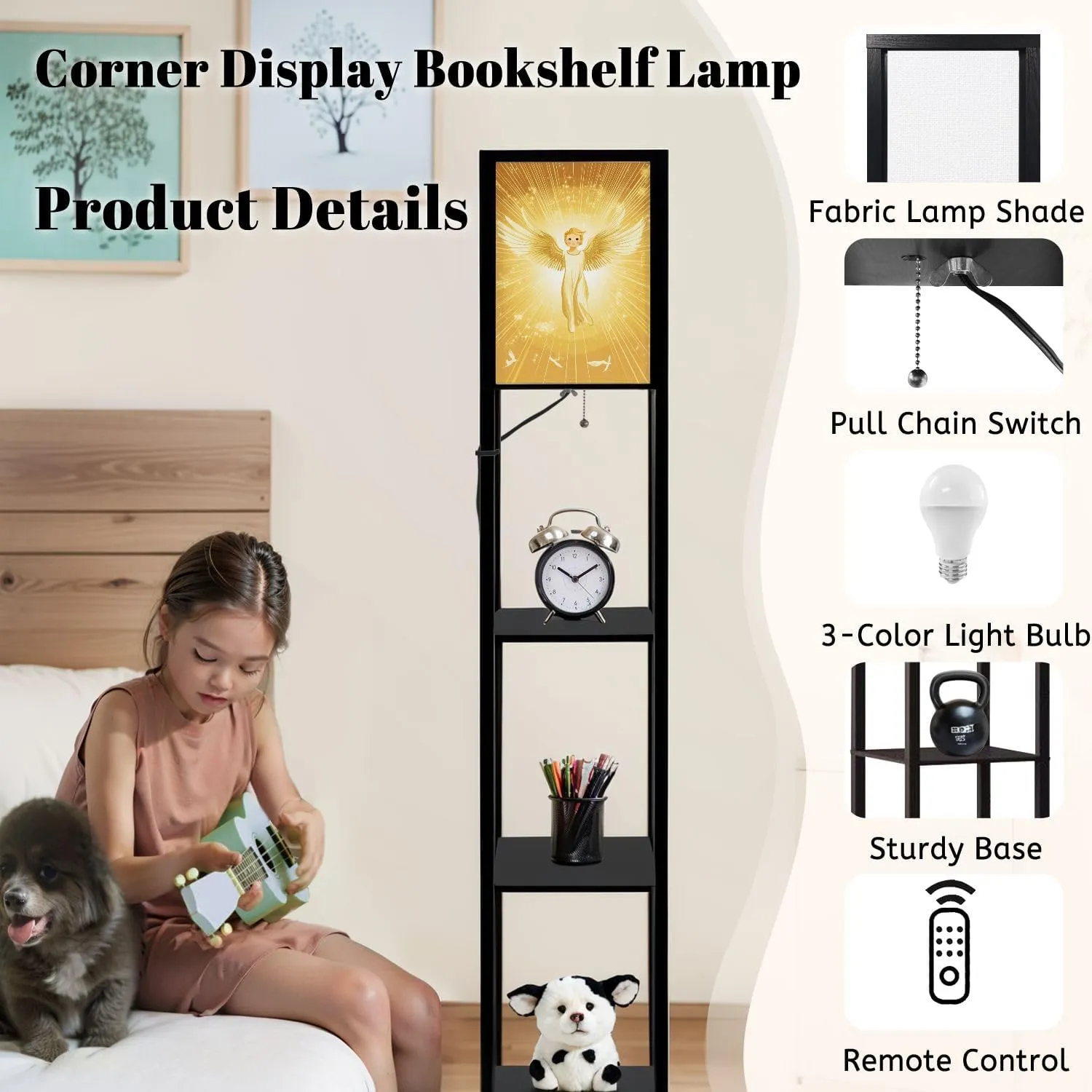 Golden Hued Angel Illustration Flat Wings Spread Floor Lamps with Shelves, Modern Standing Lamp Narrow Corner Display Bookshelf Lamp for Living Room, Bedroom, Office Decor