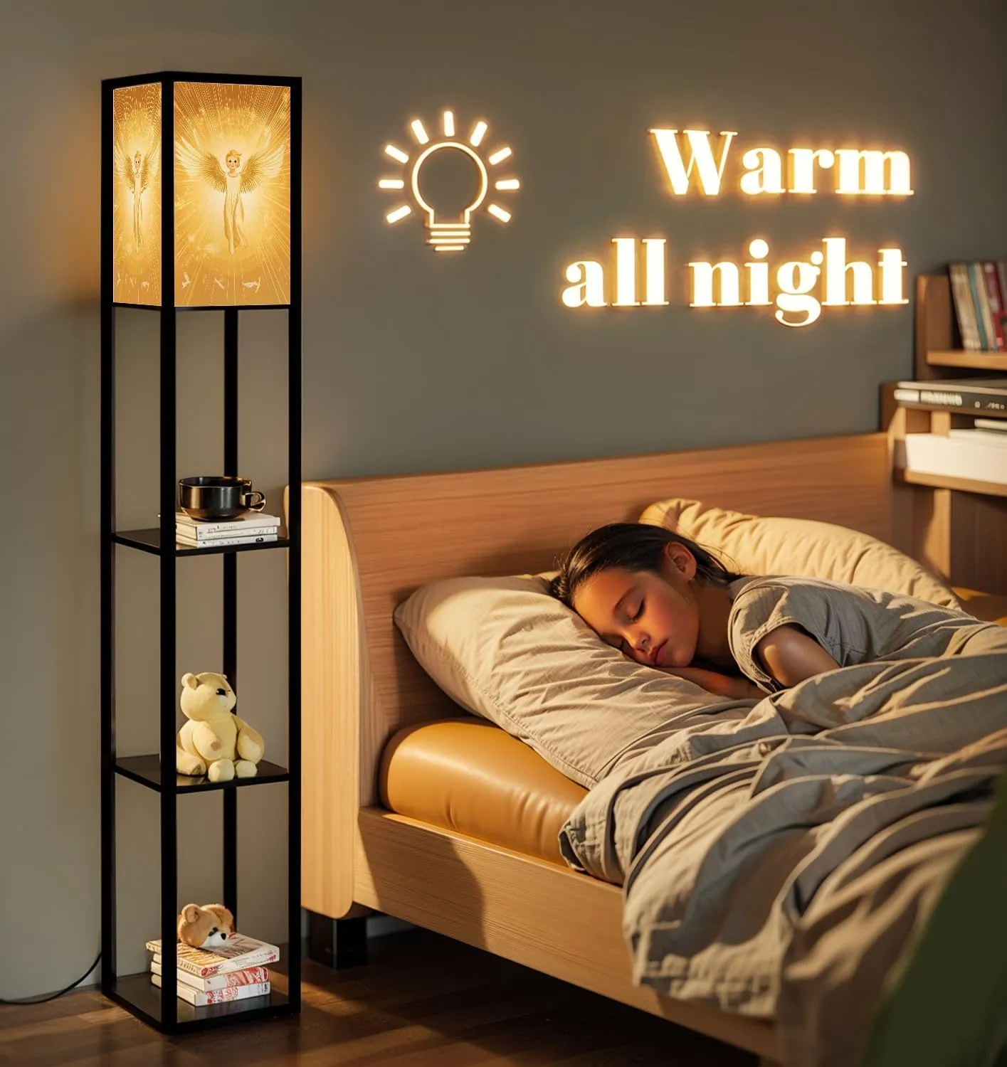 Golden Hued Angel Illustration Flat Wings Spread Floor Lamps with Shelves, Modern Standing Lamp Narrow Corner Display Bookshelf Lamp for Living Room, Bedroom, Office Decor