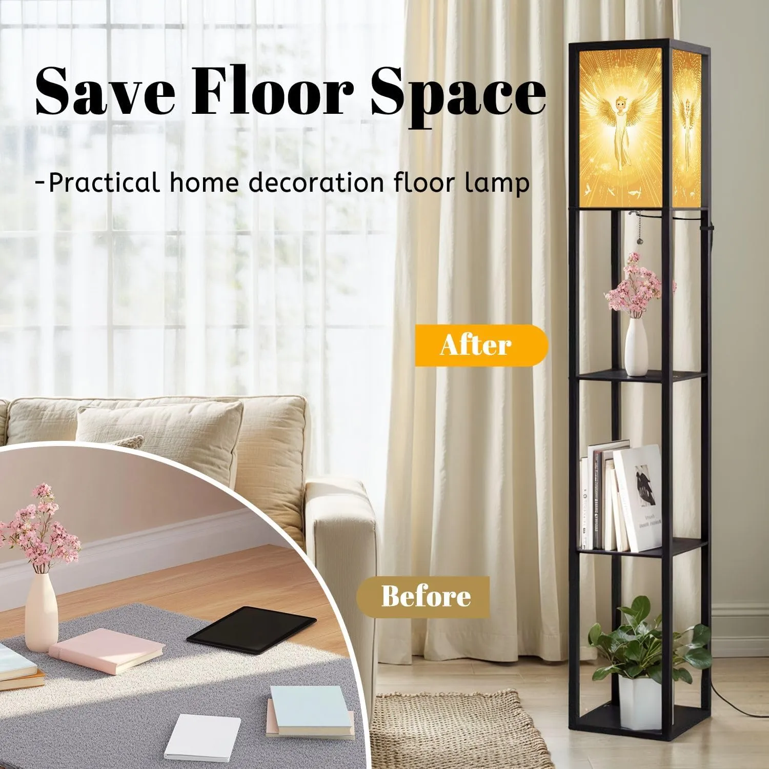 Golden Hued Angel Illustration Flat Wings Spread Floor Lamps with Shelves, Modern Standing Lamp Narrow Corner Display Bookshelf Lamp for Living Room, Bedroom, Office Decor