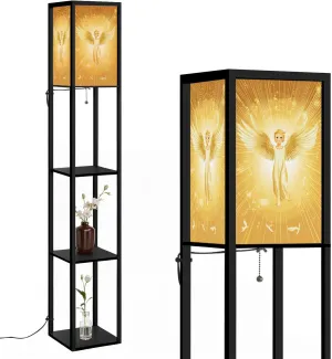 Golden Hued Angel Illustration Flat Wings Spread Floor Lamps with Shelves, Modern Standing Lamp Narrow Corner Display Bookshelf Lamp for Living Room, Bedroom, Office Decor