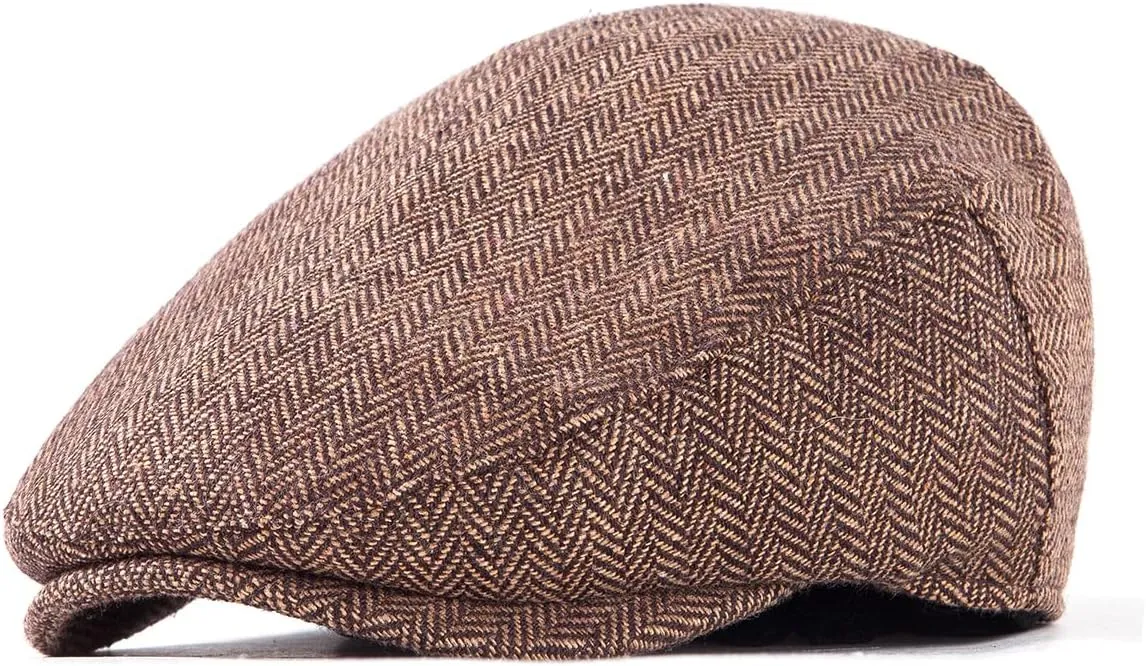 Herringbone Flat Ivy Newsboy Cap for Men Classic Wool Blend Tweed Cabbie Hat