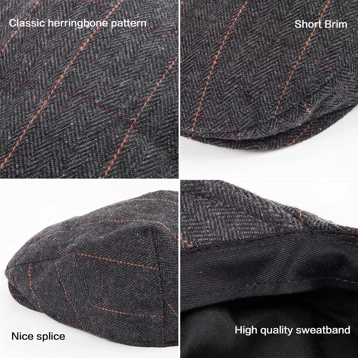 Herringbone Flat Ivy Newsboy Cap for Men Classic Wool Blend Tweed Cabbie Hat