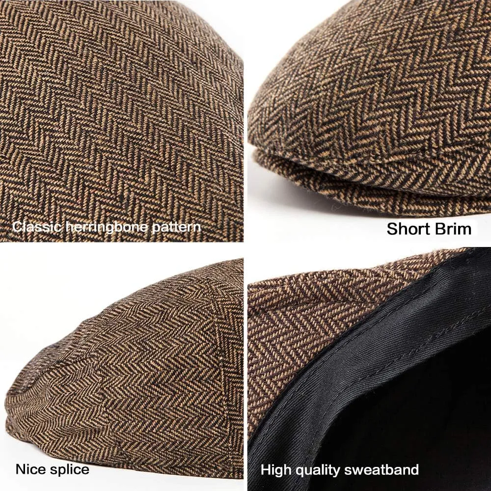 Herringbone Flat Ivy Newsboy Cap for Men Classic Wool Blend Tweed Cabbie Hat