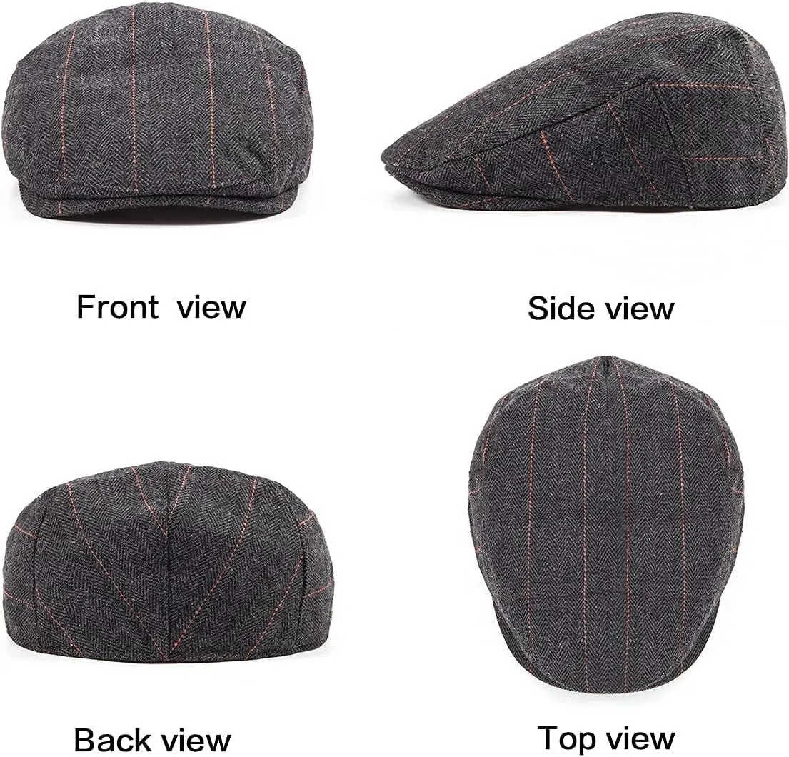 Herringbone Flat Ivy Newsboy Cap for Men Classic Wool Blend Tweed Cabbie Hat