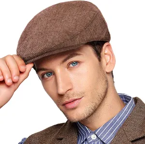 Herringbone Flat Ivy Newsboy Cap for Men Classic Wool Blend Tweed Cabbie Hat