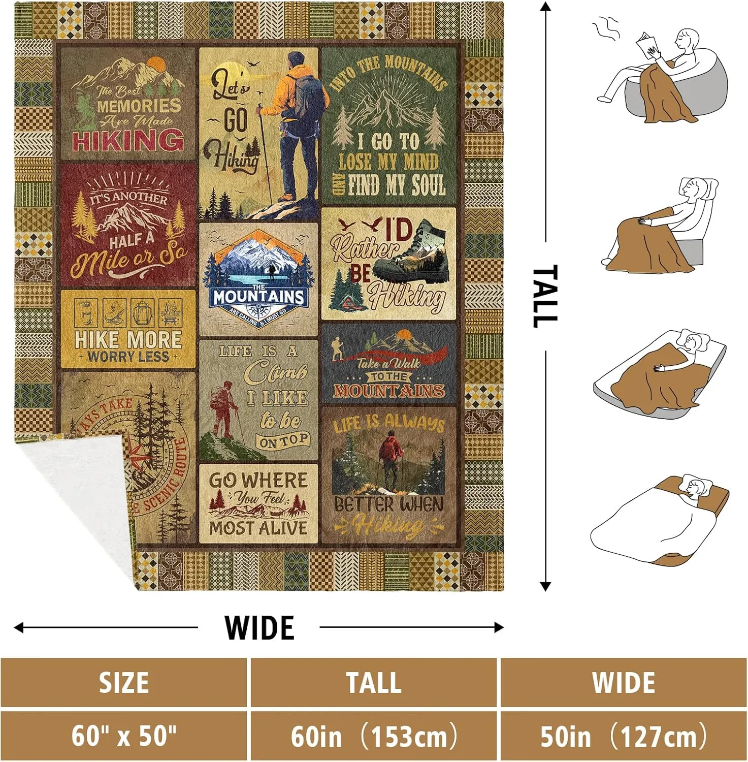 Hiking Gifts for Men, Hiking Gifts for Women, Gifts for Hiker Outdoor Blanket 60"x50", Hiking Gifts, Hiking Lovers Gifts, Hiking Gifts for Couples, Hiker Mountain Gifts, Gifts for Hiker Christmas