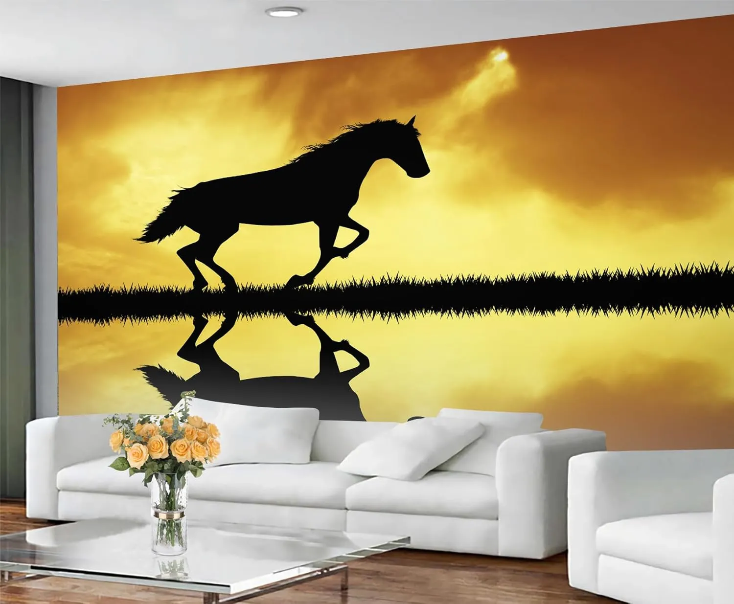 Horse Wall Murals， Minimalist African Grasslands Running Horses Mural Wallpaper Clear Pattern for Living Room Bedroom - 99" W X 66" H