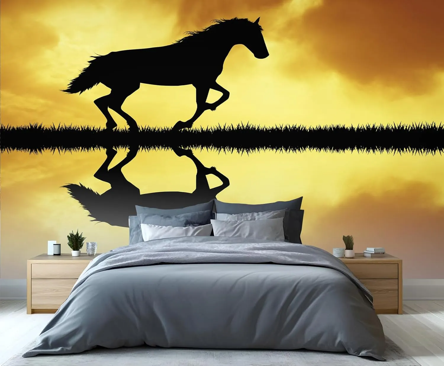 Horse Wall Murals， Minimalist African Grasslands Running Horses Mural Wallpaper Clear Pattern for Living Room Bedroom - 99" W X 66" H