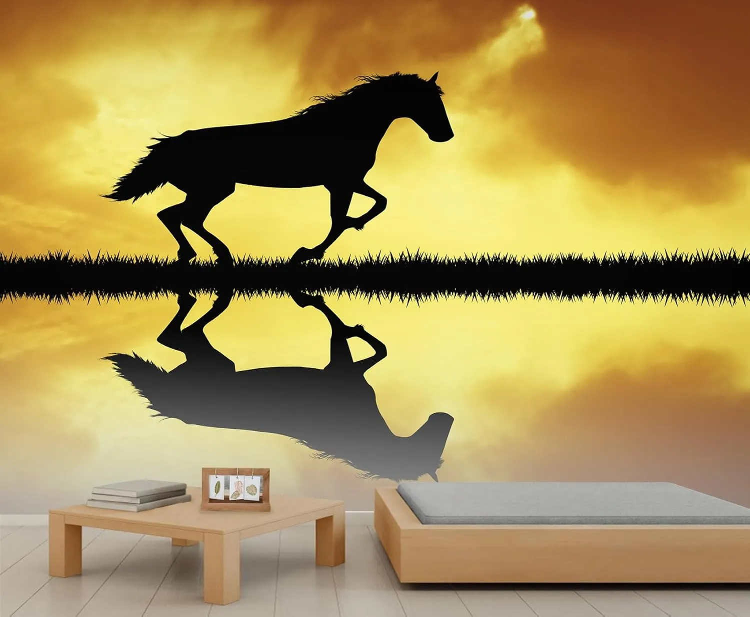 Horse Wall Murals， Minimalist African Grasslands Running Horses Mural Wallpaper Clear Pattern for Living Room Bedroom - 99" W X 66" H