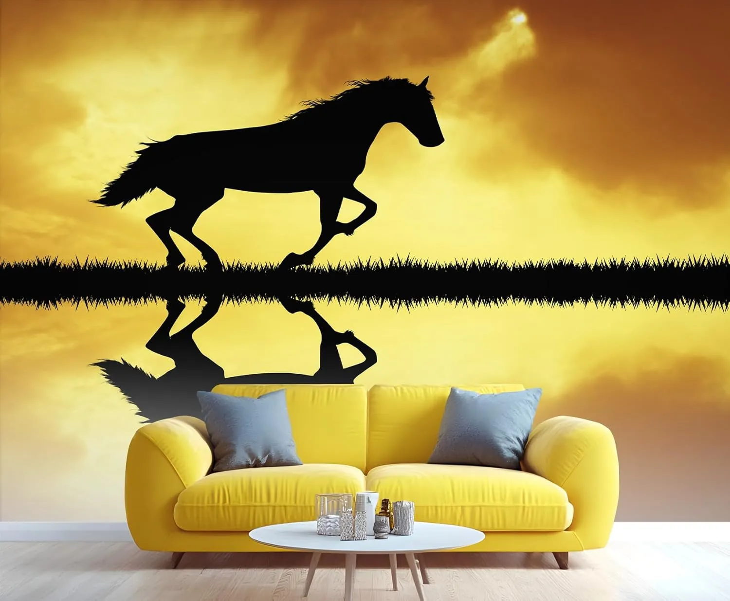 Horse Wall Murals， Minimalist African Grasslands Running Horses Mural Wallpaper Clear Pattern for Living Room Bedroom - 99" W X 66" H