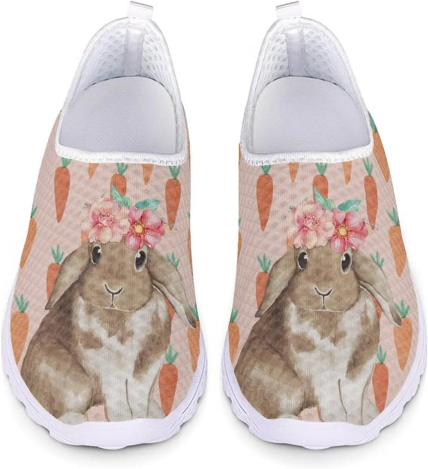 HUIACONG Easter Rabbit Women Slip-On Sneaker Flower Radish Female Running Shoes for Teen Girls Mesh Flat 5.5 Size Comfortable Trainer Lightweight Nonslip Loafers