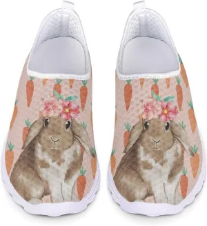 HUIACONG Easter Rabbit Women Slip-On Sneaker Flower Radish Female Running Shoes for Teen Girls Mesh Flat 5.5 Size Comfortable Trainer Lightweight Nonslip Loafers