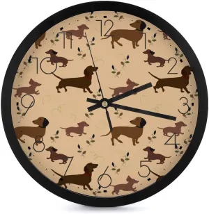 Hunting Dog Dachshund Leaves Flowers Fashion Round Wall Clock Modern Battery Operated Clocks Silent Non-Ticking Home Decor 10x10in