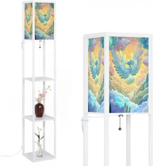Intricate Flat Wings Angel Warm Golden Light Floor Lamps with Shelves, Modern Standing Lamp Narrow Corner Display Bookshelf Lamp for Living Room, Bedroom, Office Decor