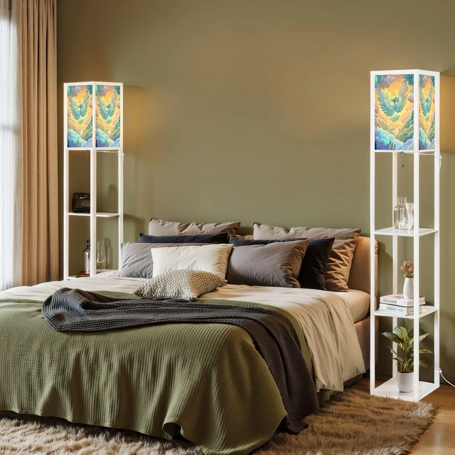 Intricate Flat Wings Angel Warm Golden Light Floor Lamps with Shelves, Modern Standing Lamp Narrow Corner Display Bookshelf Lamp for Living Room, Bedroom, Office Decor