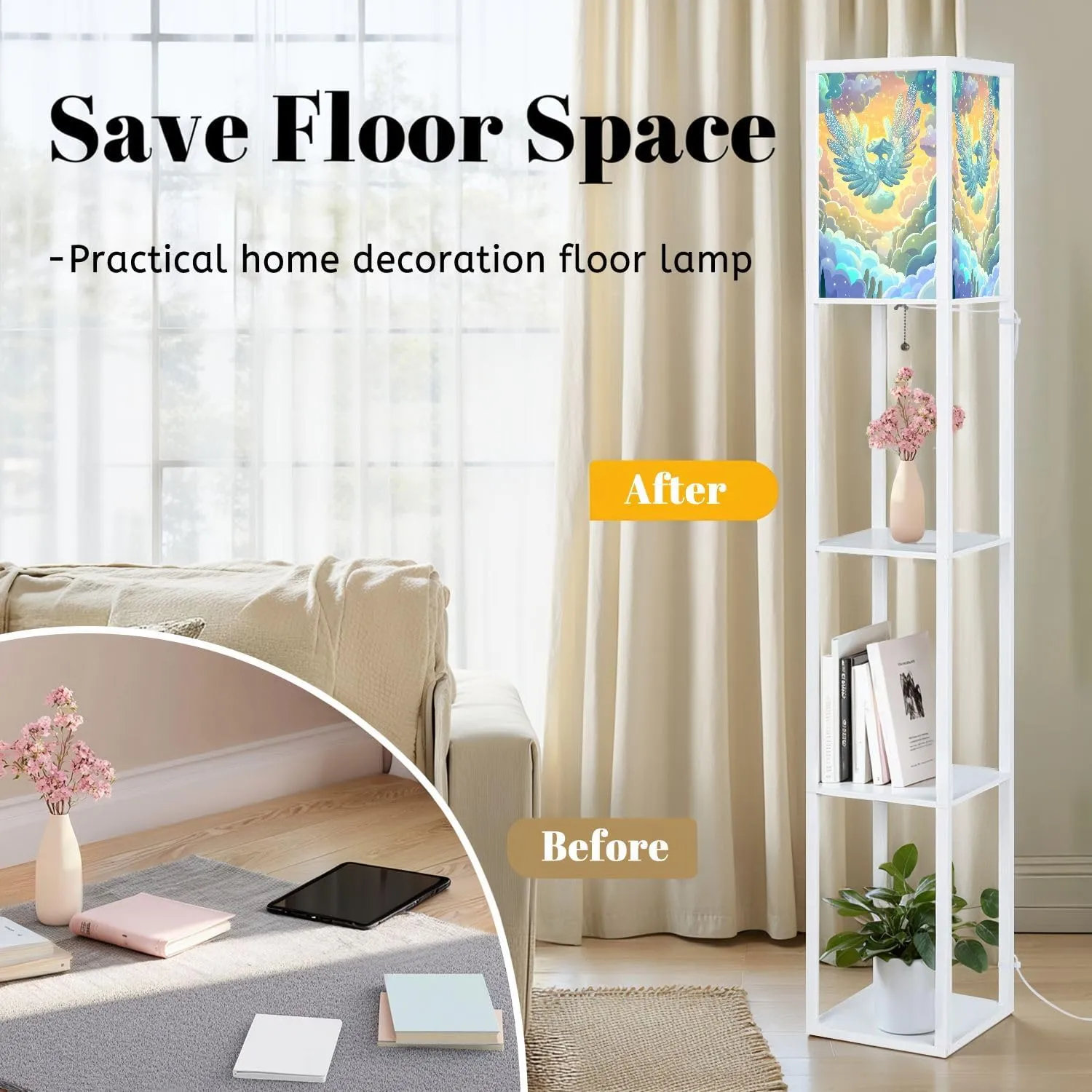 Intricate Flat Wings Angel Warm Golden Light Floor Lamps with Shelves, Modern Standing Lamp Narrow Corner Display Bookshelf Lamp for Living Room, Bedroom, Office Decor