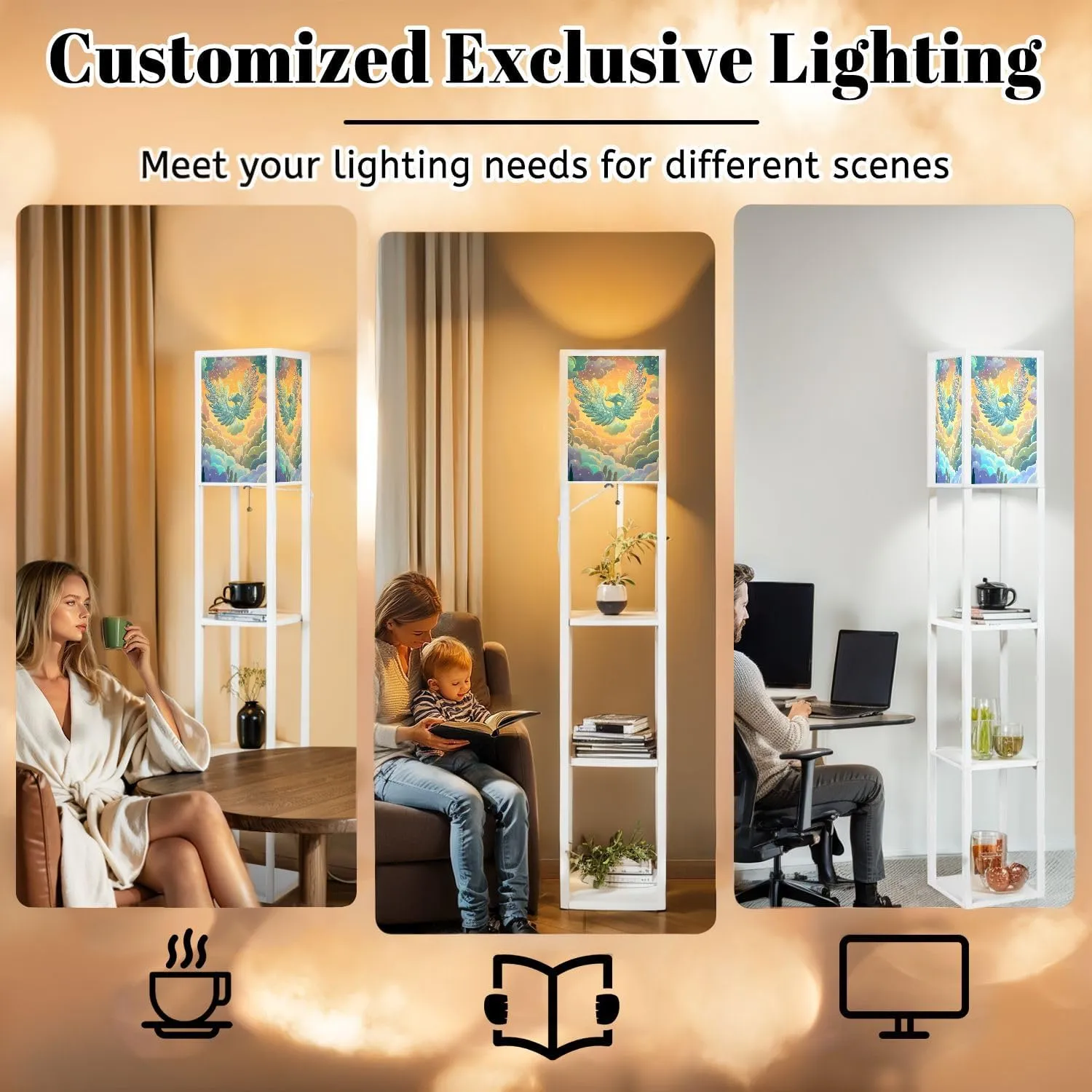 Intricate Flat Wings Angel Warm Golden Light Floor Lamps with Shelves, Modern Standing Lamp Narrow Corner Display Bookshelf Lamp for Living Room, Bedroom, Office Decor