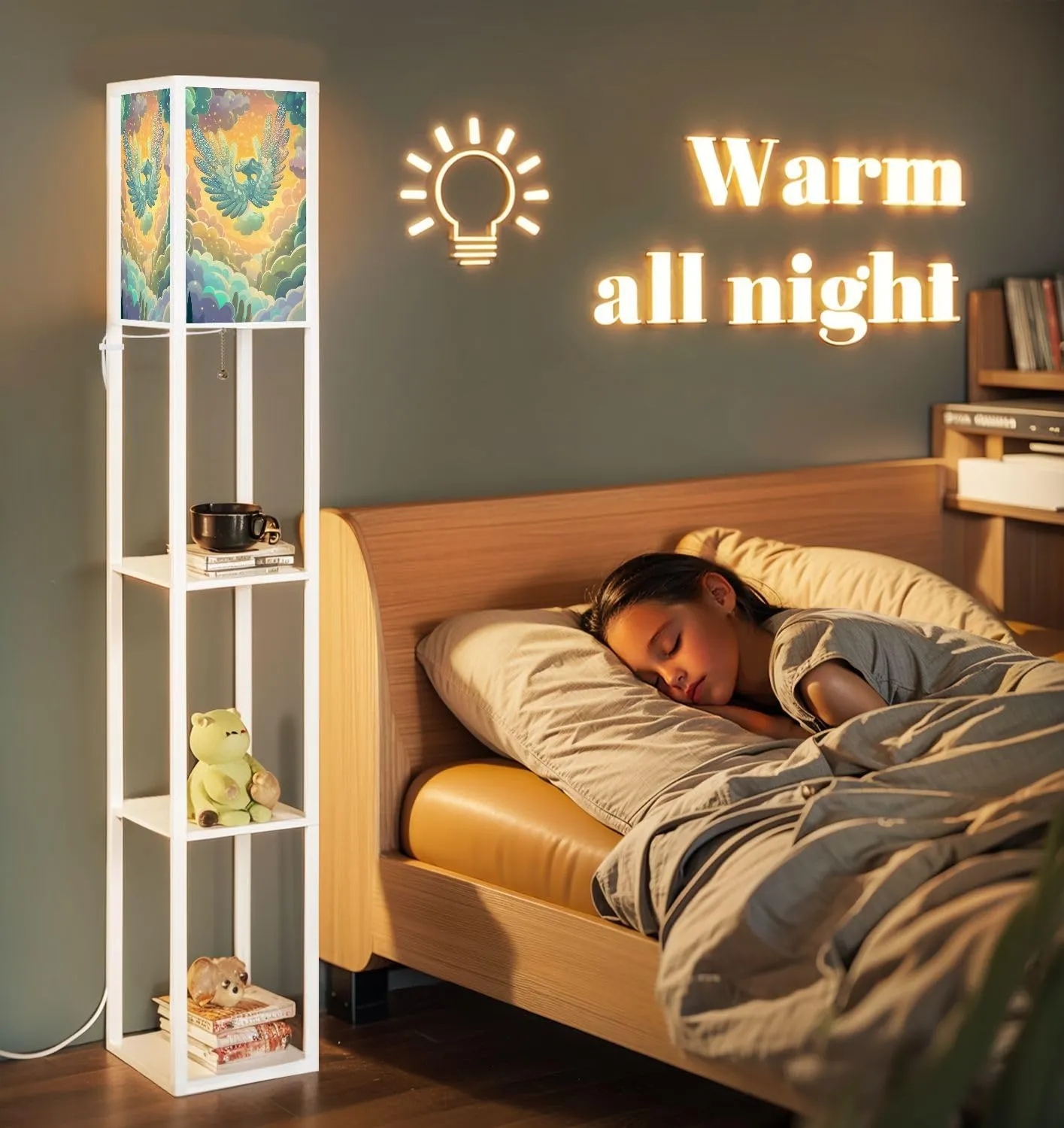 Intricate Flat Wings Angel Warm Golden Light Floor Lamps with Shelves, Modern Standing Lamp Narrow Corner Display Bookshelf Lamp for Living Room, Bedroom, Office Decor