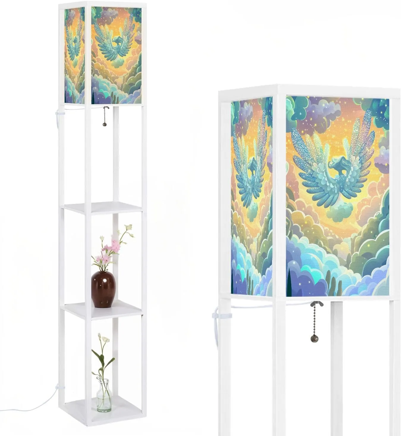 Intricate Flat Wings Angel Warm Golden Light Floor Lamps with Shelves, Modern Standing Lamp Narrow Corner Display Bookshelf Lamp for Living Room, Bedroom, Office Decor