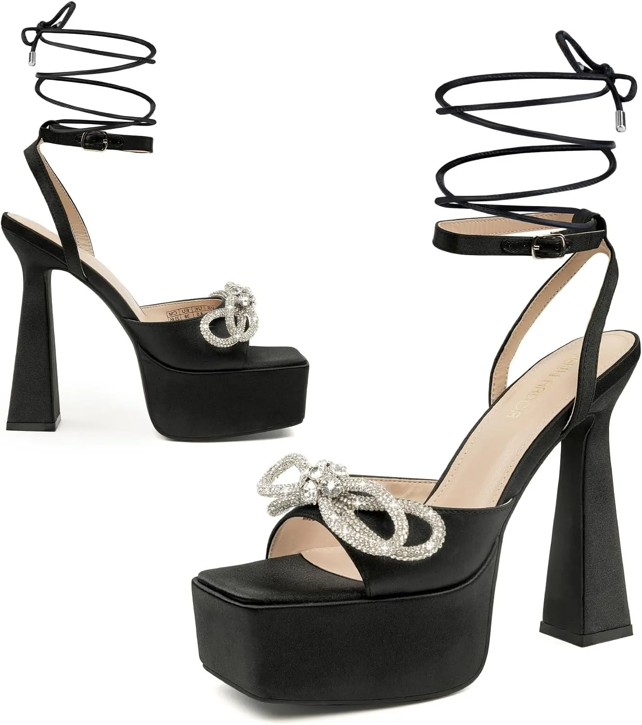 JENN ARDOR Womens Black Rhinestone Platform High Chunky Heels Lace Up Butterfly Crystal Bow Strappy Sandal Shoes for Club Party Date Prom(Lace-up/Buckle)
