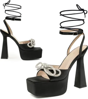 JENN ARDOR Womens Black Rhinestone Platform High Chunky Heels Lace Up Butterfly Crystal Bow Strappy Sandal Shoes for Club Party Date Prom(Lace-up/Buckle)