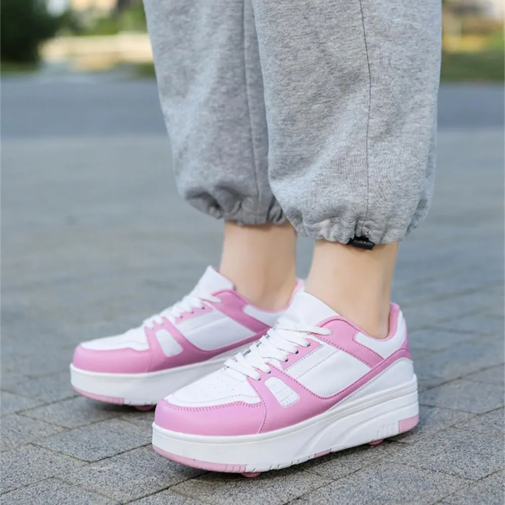 Kids Roller Skates Shoes Sneakers for Boys & Girls, Unisex Outdoor Parkour Shoes with 4-Wheels Trainer Skateboarding Shoe Retractable Skating Shoes for Children's Park Sports Walking