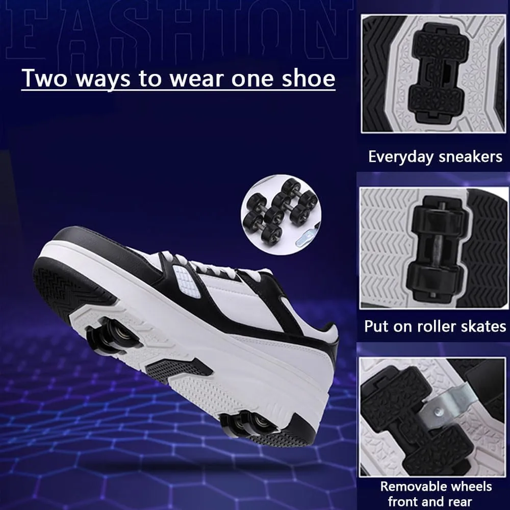 Kids Roller Skates Shoes Sneakers for Boys & Girls, Unisex Outdoor Parkour Shoes with 4-Wheels Trainer Skateboarding Shoe Retractable Skating Shoes for Children's Park Sports Walking