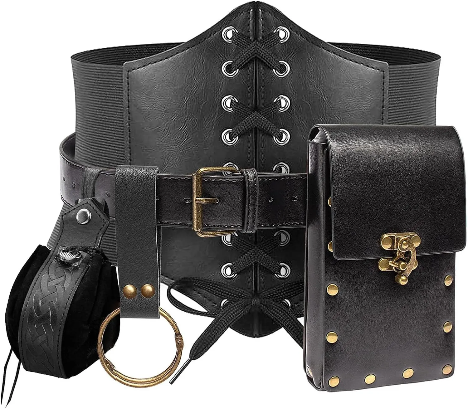 KOTORA Renaissance Costume Sets Corset Waistband Belt Pouch Purse Skirt Hike Steampunk Medieval Halloween Accessories (Pouch-Black, L/Waist 32"-43")