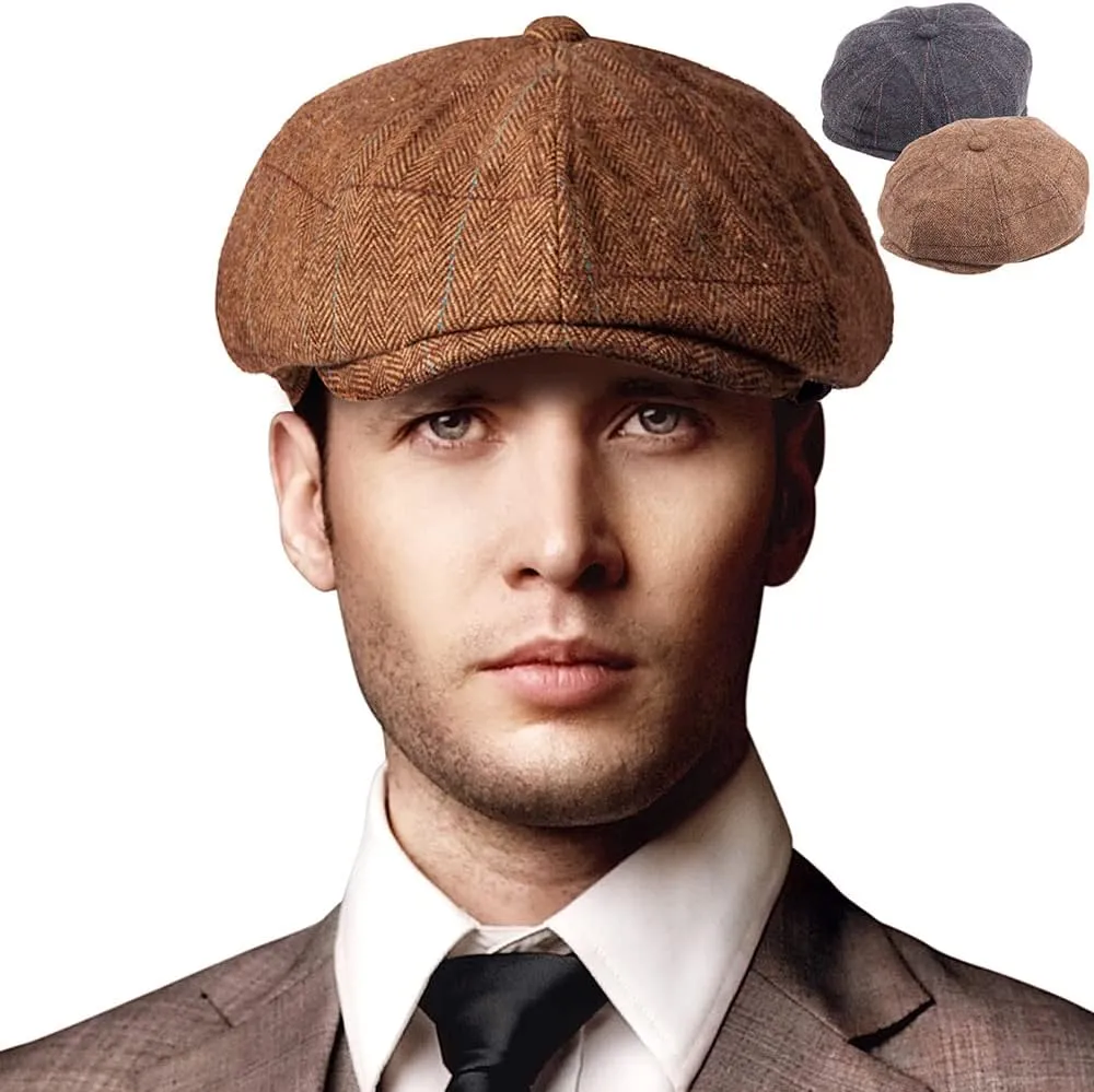 LADYBRO 2 Pack 8-Panel Newsboy Hats for Men Cabbie Wool Blend Tweed Irish Cap Adjustable