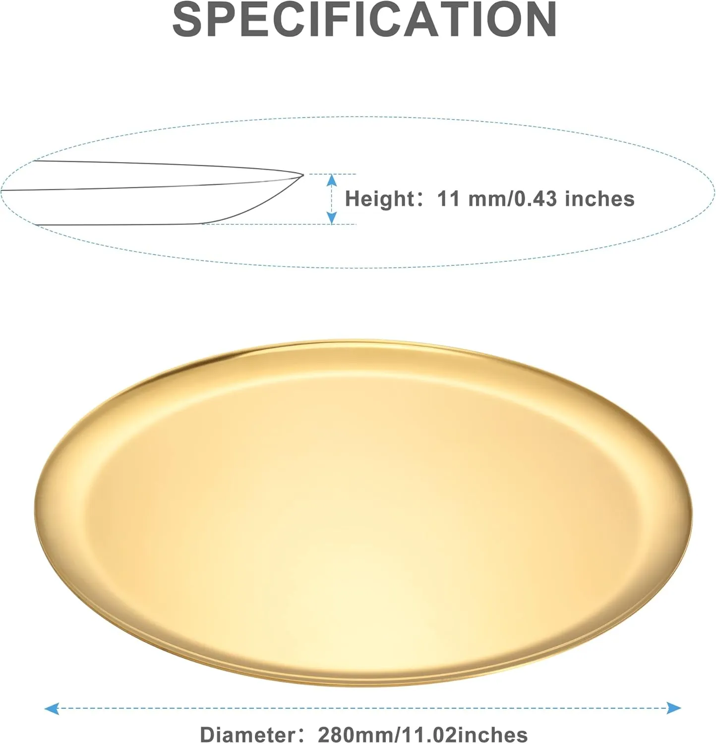 Large Gold Round Stainless Steel Tray - Mirror Polished Decorative Tray for Coffee Table, Bathroom Vanity, Jewelry Dish, Makeup Organizer, 28cm Diameter, 2-Pack