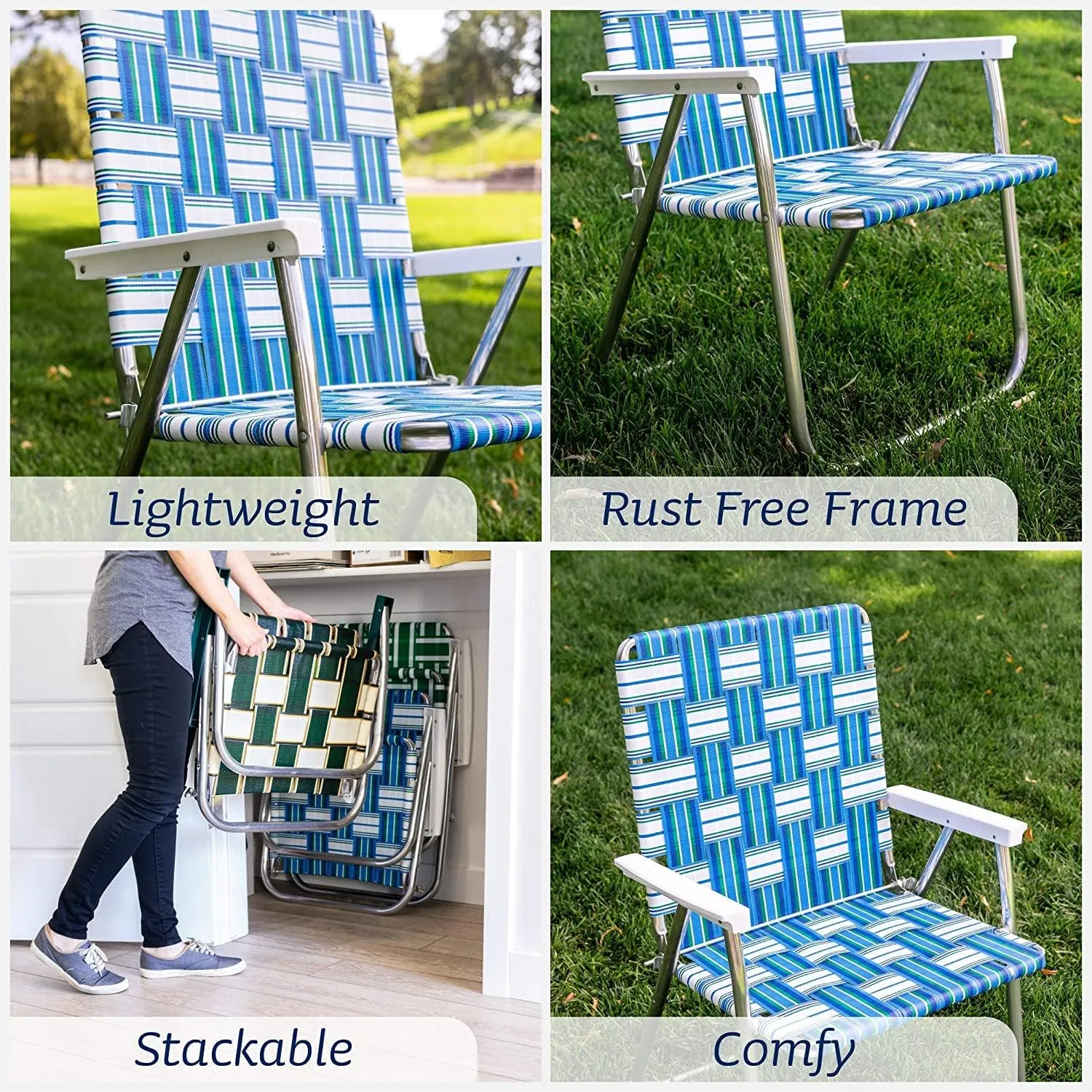 Lawn Chair USA - Outdoor Chairs for Camping | 2- Pack (Green and White Stripe & Yellow and White Stripe, Classic)