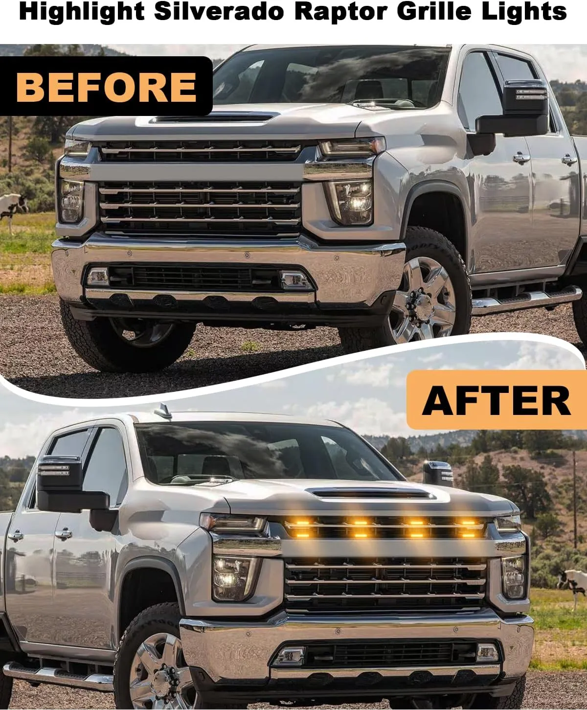 LED Grill Light for 2025 2024 Chevrolet Silverado Raptor Grille Lights Amber Warning Front Bumper Lamp 2019-2023 Silverado Accessories 4Pcs (Yellow)