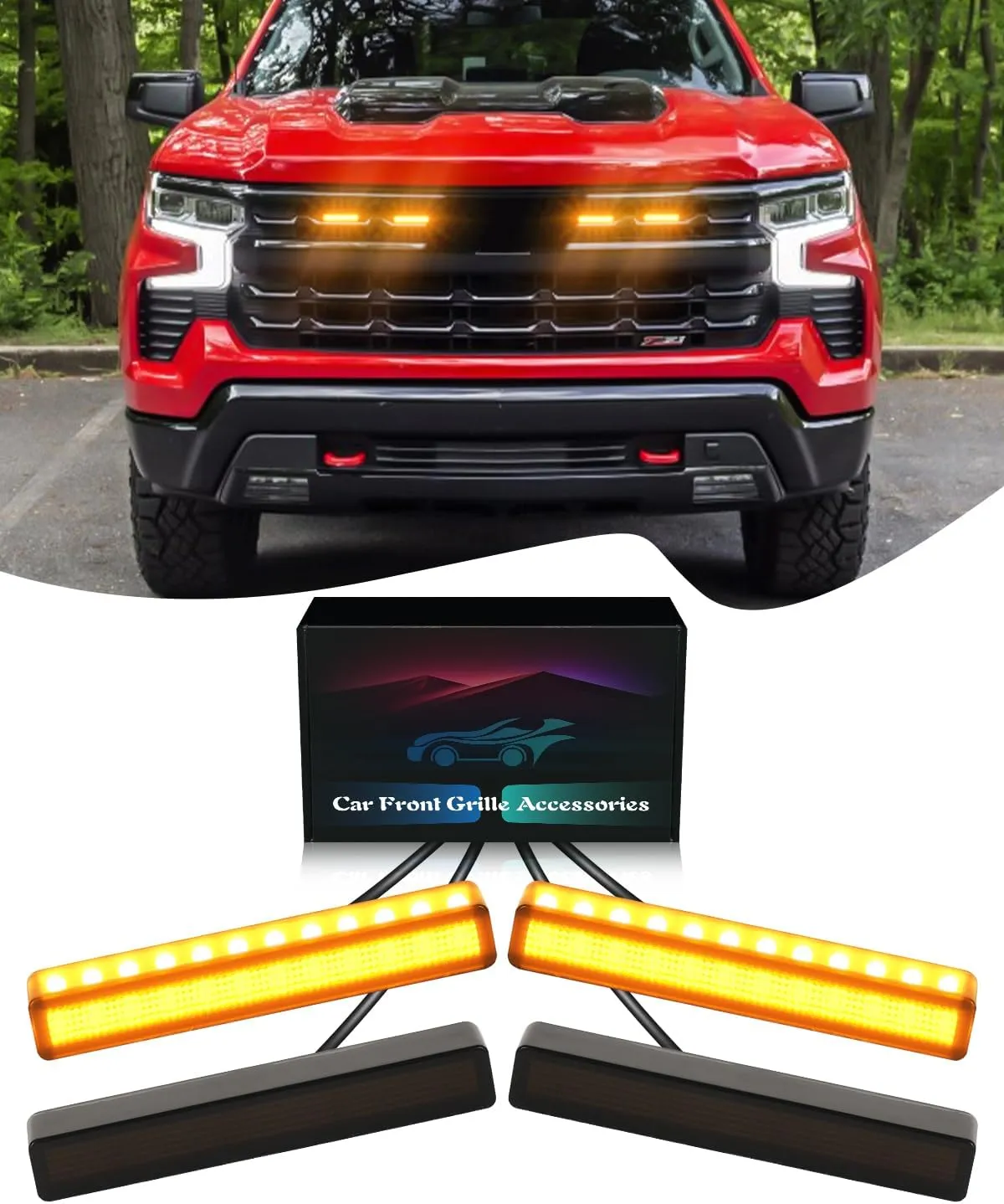 LED Grill Light for 2025 2024 Chevrolet Silverado Raptor Grille Lights Amber Warning Front Bumper Lamp 2019-2023 Silverado Accessories 4Pcs (Yellow)