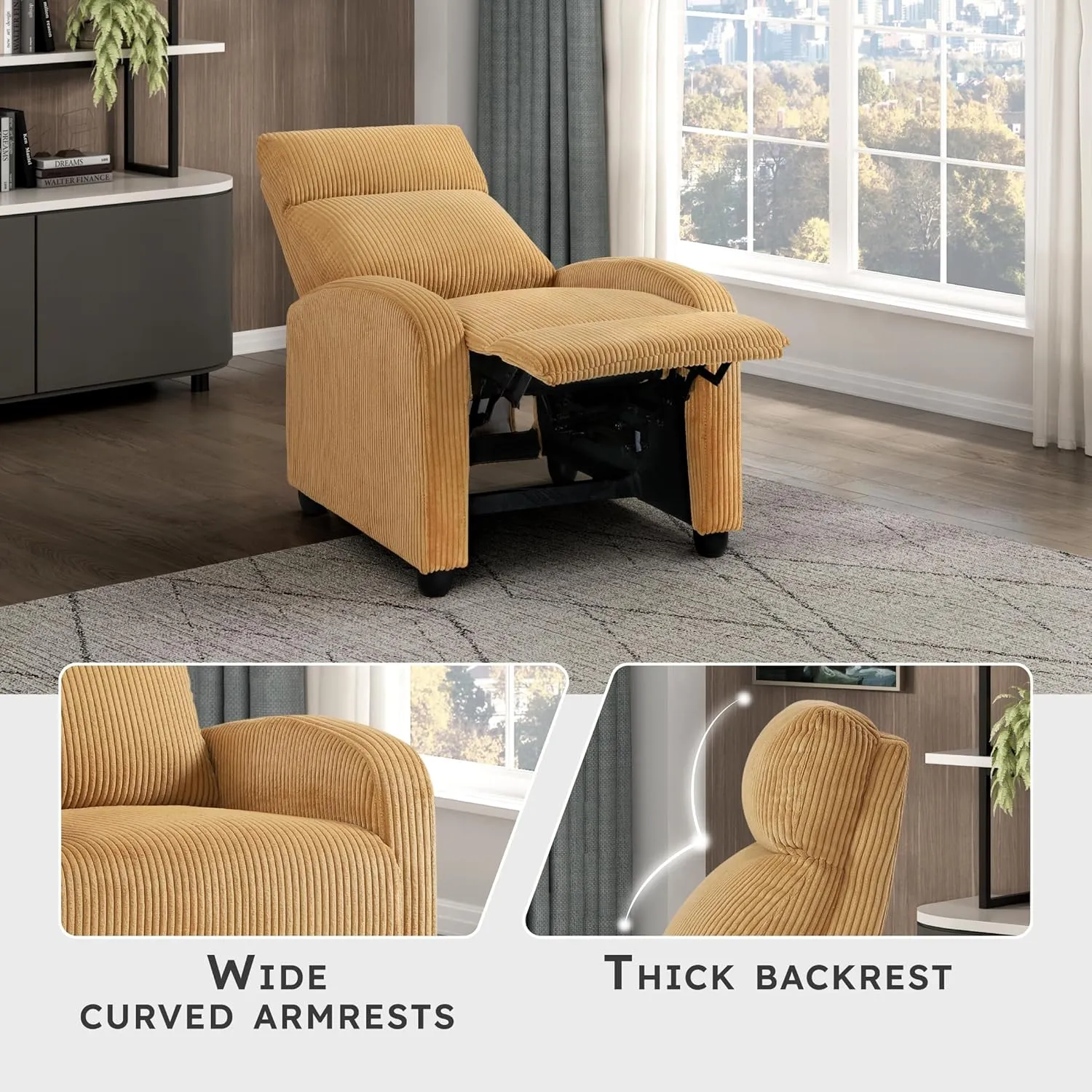 Lexicon Corduroy Pushback Recliner Chair Armchair Push Back Recliner, Solid Wood Frame and Metal Base, Easy Assembly Small Soft Single Sofa Accent Chair for Living Room/Office/Apartment, Yellow
