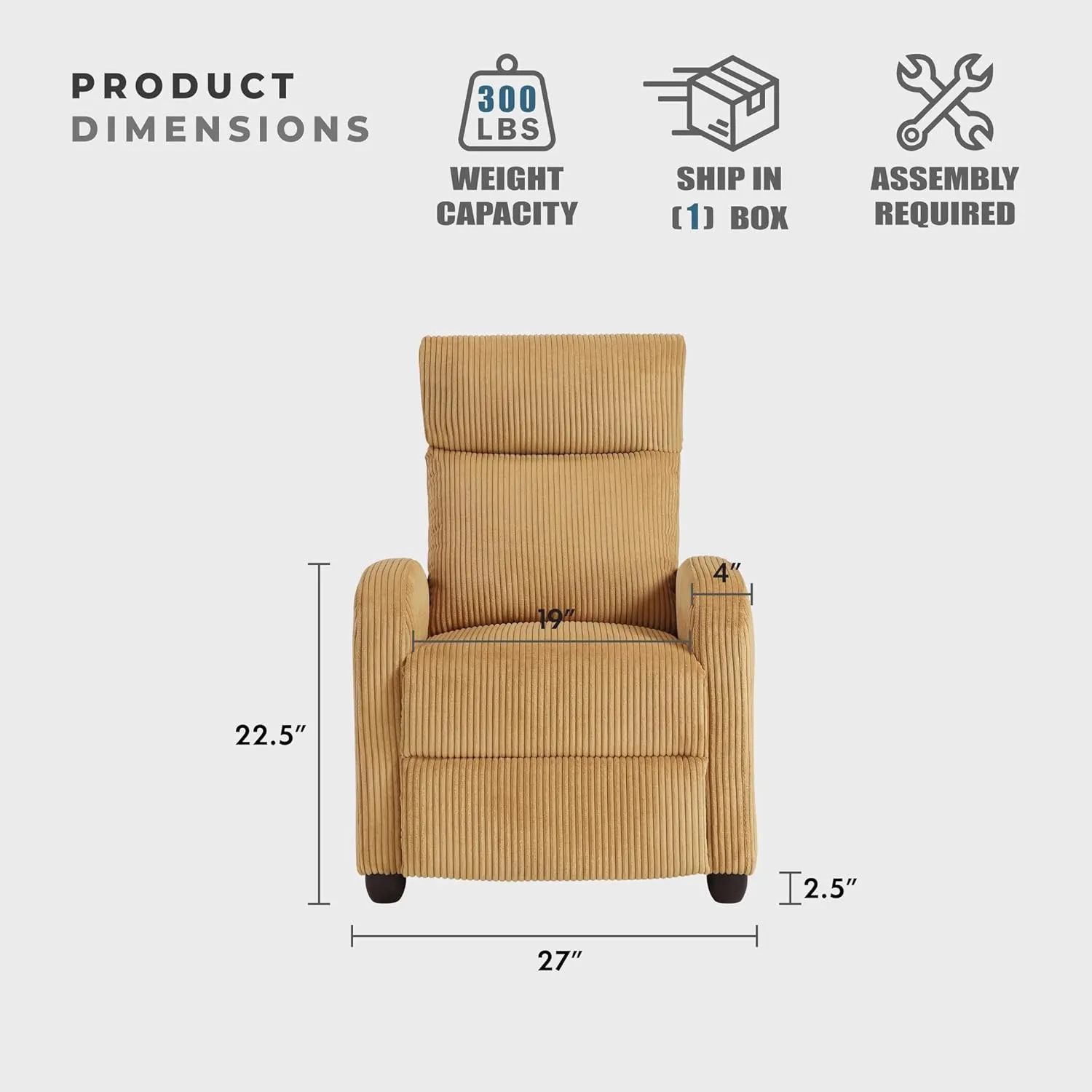 Lexicon Corduroy Pushback Recliner Chair Armchair Push Back Recliner, Solid Wood Frame and Metal Base, Easy Assembly Small Soft Single Sofa Accent Chair for Living Room/Office/Apartment, Yellow